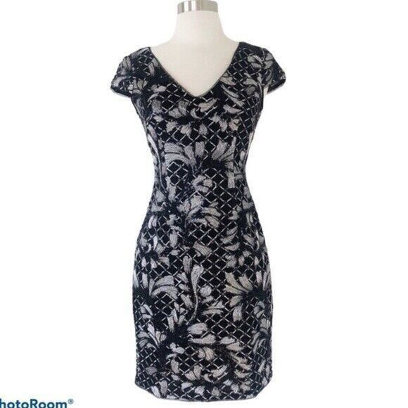 Adrianna Papell Black Sequin Sheath Beaded Cocktail Dress Women Size 0 XS Party - Picture 1 of 12
